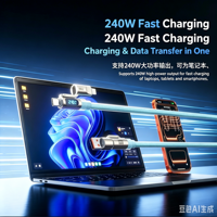 Câble de charge rapide en silicone 4-en-1 USB-C vers USB-C et 8 broches avec affichage numérique 240W pour téléphone, tablette, ordinateur portable (OEM)