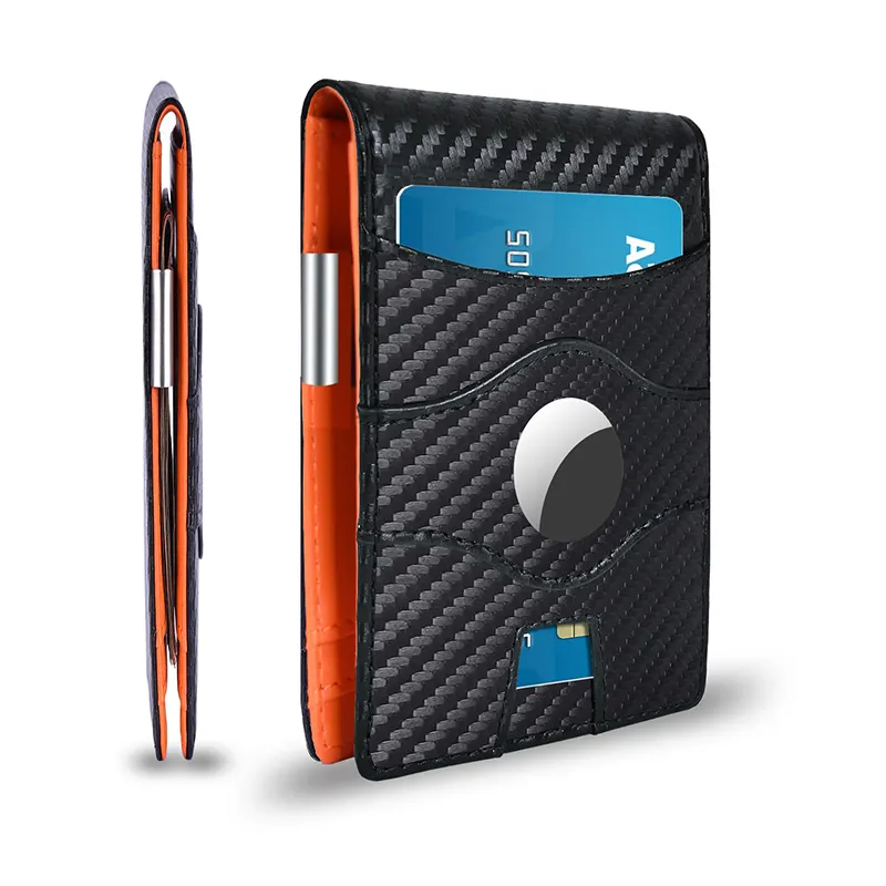 Black & Orange Carbon Fiber Minimalist RFID Blocking Wallet AirTag Slim Bifold Wallets Credit Card Holder with Money Clip