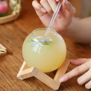 <span class=keywords><strong>Verre</strong></span> <span class=keywords><strong>à</strong></span> boisson transparent avec support en bois, forme ronde lunaire, pour cocktails, smoothies et jus de fruits - Product Image 5