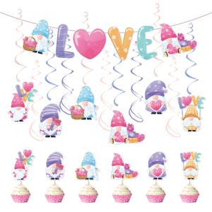Set de Decoración para Fiesta de Gnomos de San Valentín con Pancarta de Amor, Bandera para Pastel y Adornos Colgantes en Espiral para Suministros de Aniversario de Bodas - Product Image 1