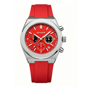 BESSERON Men's Sport Chronograph Watch Stainless Steel Case <b>Red</b> Silicone Band 42mm Analog Quartz Movement - Product Image 2