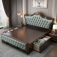 Lit king size de style américain luxueux, lit double en bois massif de style européen de haute qualité, tête de lit en cuir souple