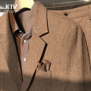 Britannique rétro laine chevrons hommes grande taille costume respirant et imperméable deux pièces veste et pantalon pour l'automne et l'hiver - Product Image 5