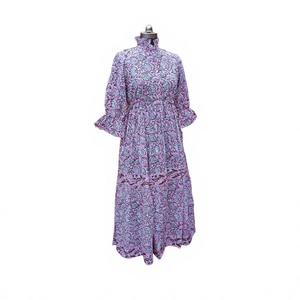 Robe longue trapèze faite main vintage 100 % coton respirant écologique séchage rapide col montant imprimé naturel pour soirée formelle - Product Image 1