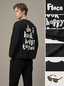 Sudadera de cuello redondo para hombre, estilo vintage, lavada, con letras frontales y eslogan trasero bordado, corte holgado, bajo sin rematar, manga larga, estilo streetwear. - Product Image 4