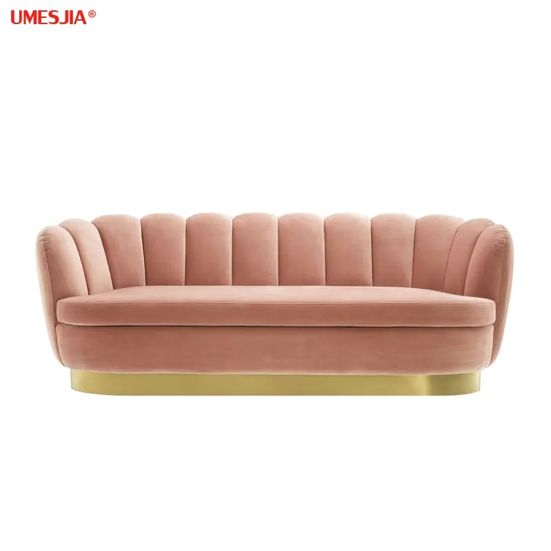 Modern Living Room furniture Luxury Stainless steel golden legs 3 seat Pink Velvet sofa