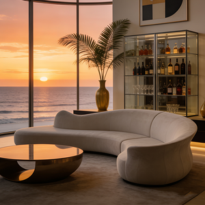 طقم أريكة فاخر وعصري منحني لغرفة المعيشة، تصميم إيطالي، أريكة من القماش الكريمي، أثاث راقي للفلل، تصميم بسيط وكبير الحجم - Product Image 5