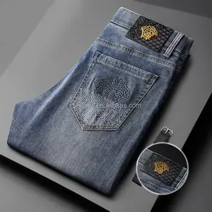 Jeans pria baru modis sambungan warna cerah bordir pria Jeans dicuci mewah kelas atas Kasual Pria pabrik Jeans