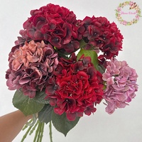 Grandes fleurs d'hortensia artificielles en latex, diamètre 16 cm, toucher réel, couleur bordeaux et vert, pour la décoration de fêtes, de maisons et de mariages