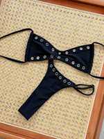 Set Baju Renang Wanita Dua Potong Model Eyelet Polos High Cut Thong Bikini Ukuran S-XL