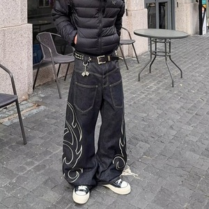 Stonewashed Wide Leg Denim Pants With White Embroidery Streetwear Style High Waist Loose Fit Cotton Midweight <b>Winter</b> <b>Jeans</b> - Product Image 4
