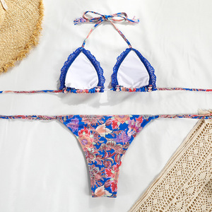 New Designer Print Basic <strong>Bikini</strong> With Pad Ties Details Crochet <strong>Trim</strong> Swimwear Scrunch Butt Swimsuit - Product Image 3