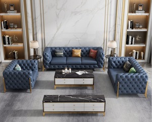 Ensemble de canapés en cuir et velours Chesterfield de luxe <span class=keywords><strong>royal</strong></span> avec pieds dorés pour salon - Product Image 2