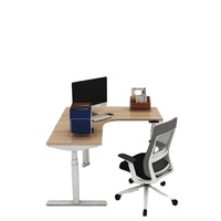 Bureau électrique réglable en hauteur en forme de L pour configuration d'angle de bureau à domicile, design moderne, structure métallique, plateau en bois, autoportant
