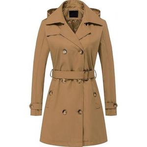 女性用エレガント防水トレンチコートダブルブレストクラシックラペルオーバーコートベルト付きスリムウインドブレーカーコート取り外し可能なフード付き - Product Image 1
