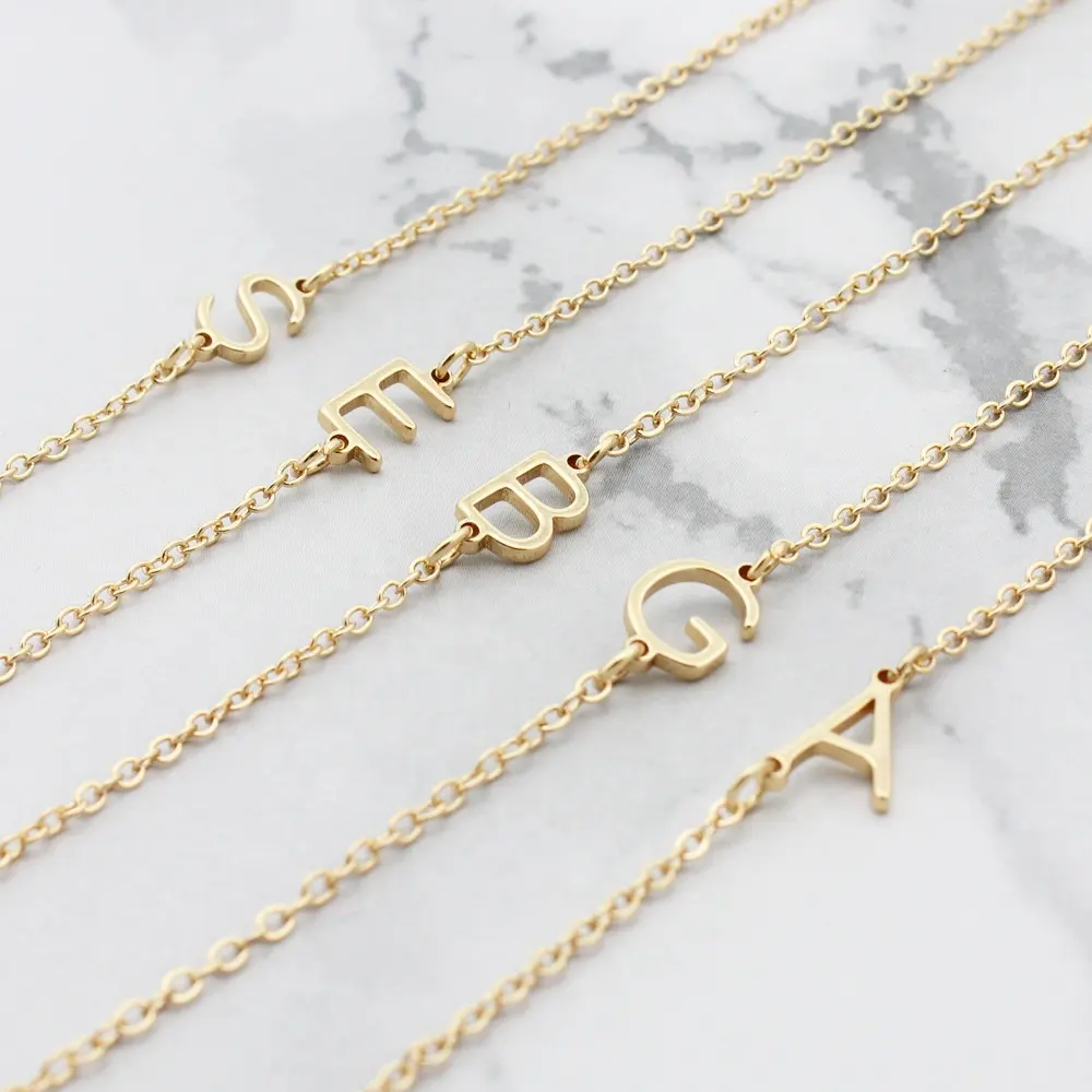 Gold plated asymmetrical sideways pendant charm a-z stainless steel letter alphabet initial necklace
