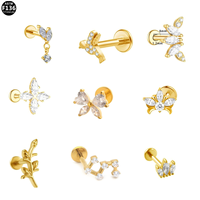Anting-anting tusuk titanium F136 dengan desain bunga, daun, burung, capung, kupu-kupu.  Berhiaskan CZ dengan ulir dalam.