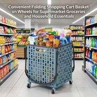 Panier de courses pliable en plastique durable avec 4 roues, écologique et facile à transporter pour l'utilisation en supermarché