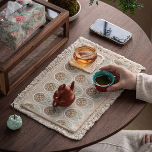 Tapete de té bordado estilo chino Guanlan, tela gruesa con bordes con flecos, tapete retro para mesa de té, aislante del calor para sala de té. - Product Image 2