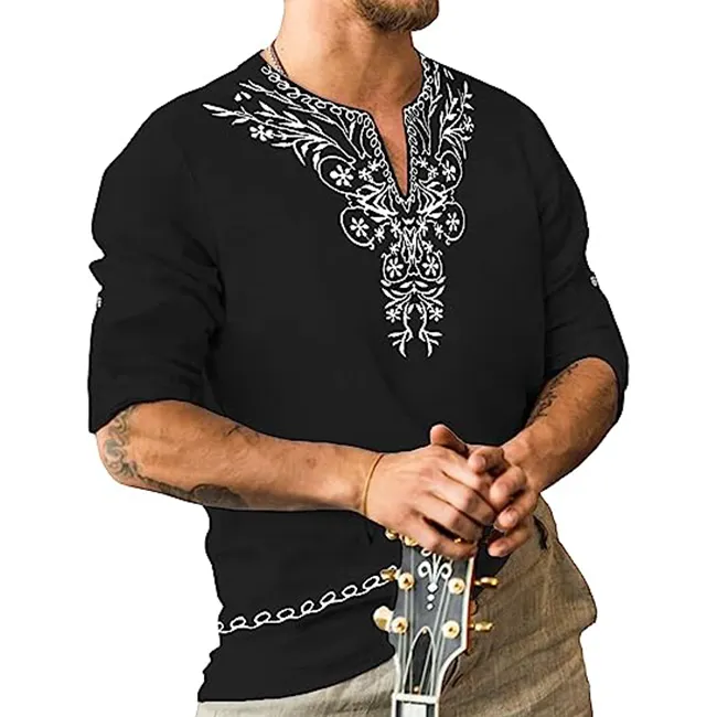 Camiseta Henley con cuello en V de lino y poliéster para hombre, de manga larga túnica hecha a mano de caftán, camisetas de playa informales bordadas