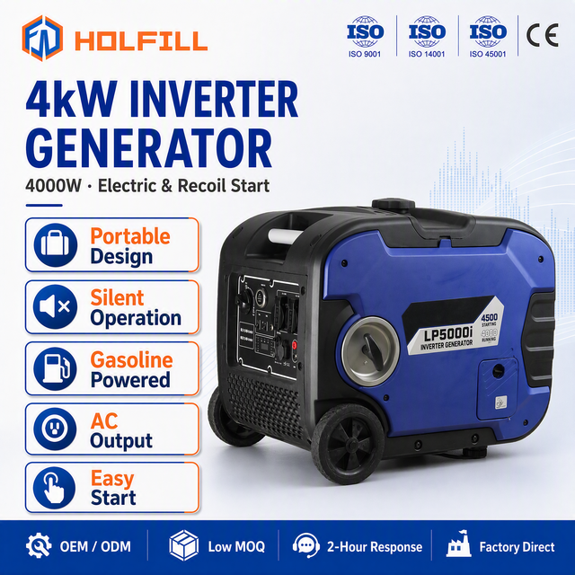 Long Lasting HOLFILL 4.5KW 4-Stroke Inverter Generator LP5000i 230V 8.3A 50HZ Electric Start Portable 3600rpm 15kg 5L Fuel