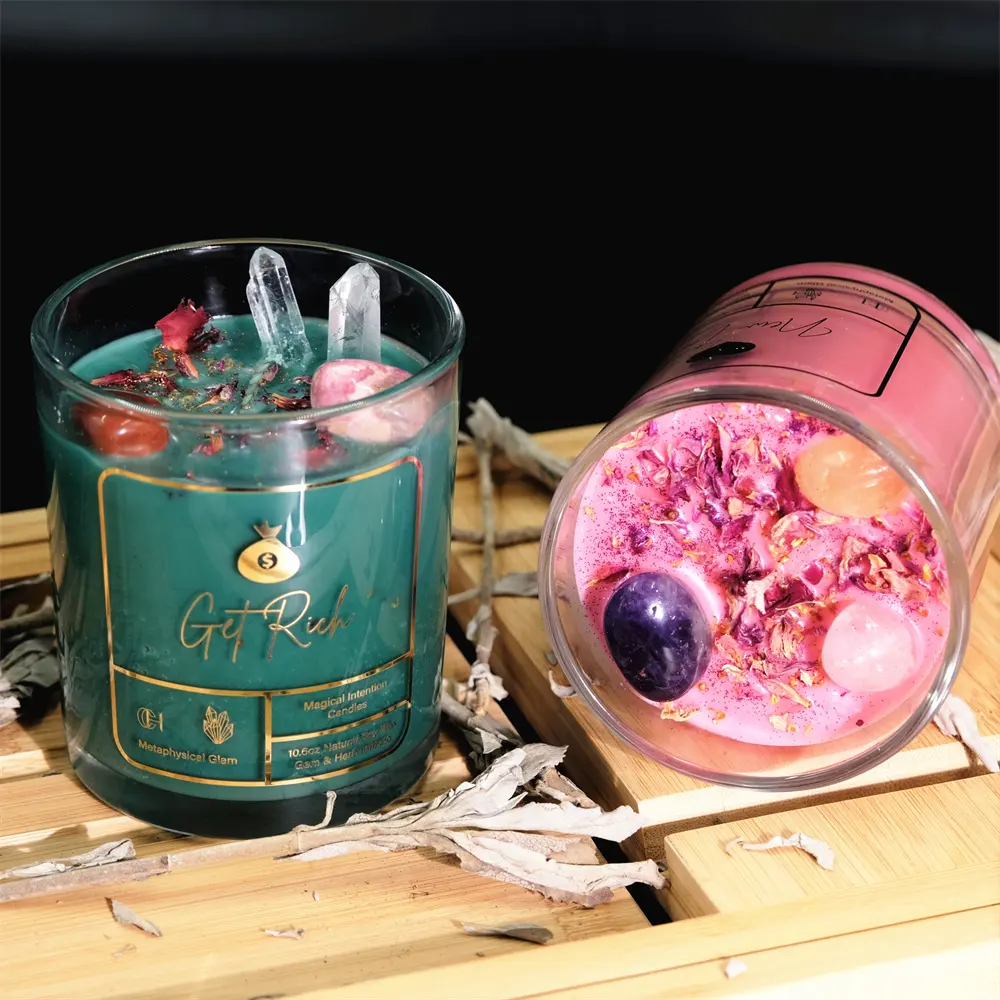 C & H 10OZ Bougies de sort magique à intention personnalisée en gros Bougie de soja parfumée à l'arôme décoratif de fleurs séchées en cristal de guérison