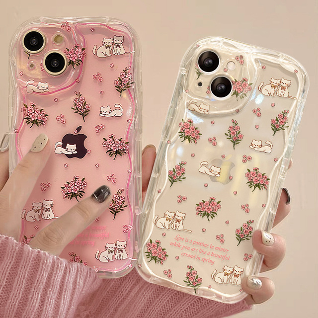 Cute Floral Cat Wave Edge INS Women Mobile Phone Case Coque TPU Cream Shell Back Cover for iphone 16 11 15 17 Air Pro Max