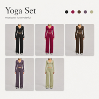 Set Yoga Logo Kustom Cepat Kering Atasan Lengan Panjang V-Neck Celana Yoga Model Flare Bahan Spandex Elastis Pakaian Olahraga Wanita