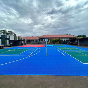 Patio trasero al aire libre cancha multideportiva con cancha de baloncesto pintada y cancha de pickleball líneas de dimensión baldosas - Product Image 4