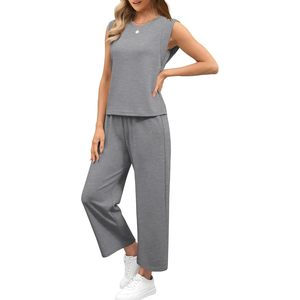 FOXA Ensemble de détente 2 pièces pour femme, haut sans manches et pantalon large, tenue assortie en tricot respirant pour un usage quotidien en été - Product Image 3