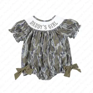 Camouflage Smocked Daddy's girl Bubble Romper Custom Logo Baby Girls Clothing Father's Day Infant Fall Clothing Rompers