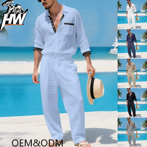 Completo da Uomo in Lino Personalizzabile, Stile Streetwear Sportivo, Camicia e Pantaloni, Logo Personalizzato, Lusso Urbano, Tessuto Pesante 300g - Product Image 1