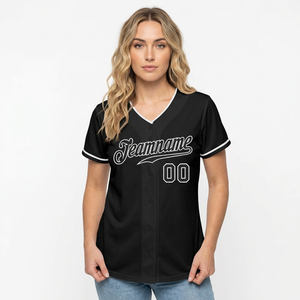 Maillot de baseball noir personnalisé pour femme, col en V, manches courtes, anti-humidité, impression du nom de l'équipe, fermeture boutonnée - Product Image 2