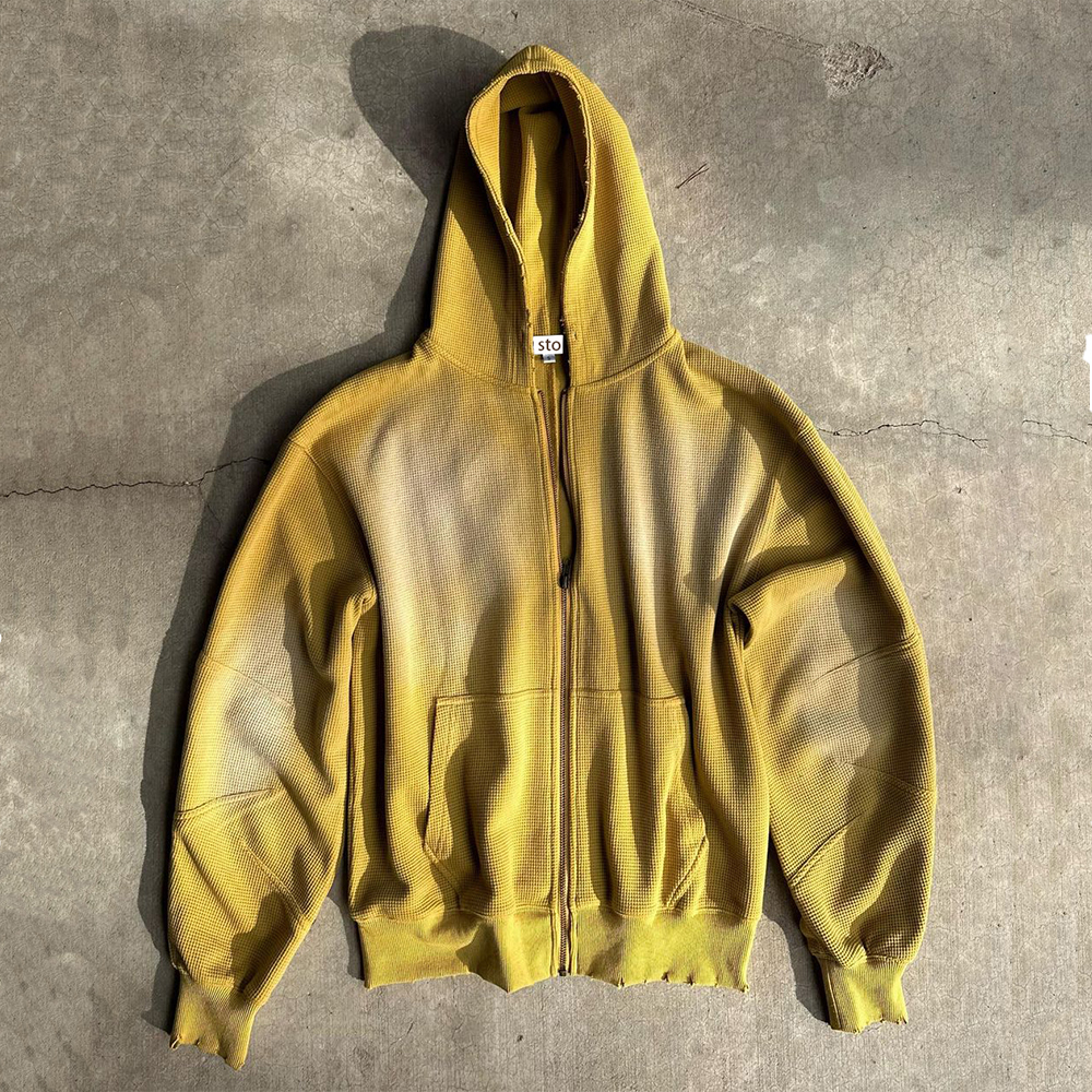 Güneş soluk Vintage tasarım % 100% pamuk 320gsm erkek fermuarlı kapüşonlu svetşört özel asit yıkama Waffle termal sıkıntılı Hoodies