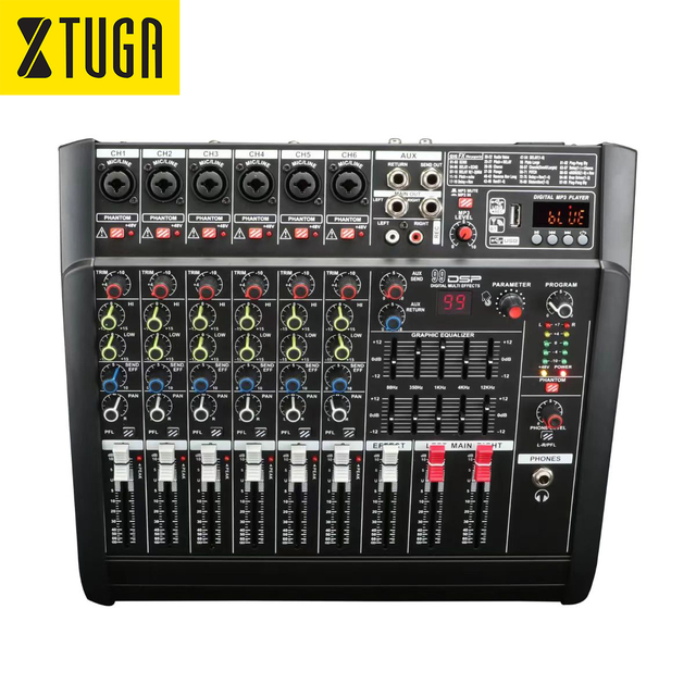Xtuga PMX402D Professional Audio Amplifier 4/6 Channel 250W Karaoke Equalizer 99 DPS Dual Equilibrium Power Mixer Video Lighting