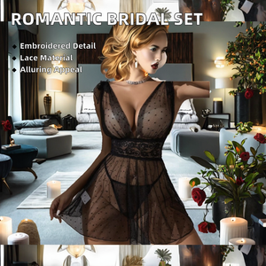 浪漫透视感 2 件套女式性感新娘紧身衣套装，蕾丝刺绣，轻薄，适合睡眠或婚礼 - Product Image 2