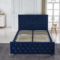 Lit Moderne de Luxe en Velours Bleu Marine avec Boutons en Cristal et Cadre en Bois pour Chambre à Coucher - Modèle Tendance