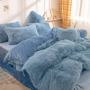 Ensemble de housses de couette en velours moelleux et chaud pour l'hiver Housse de couette de luxe de couleur unie avec draps de lit