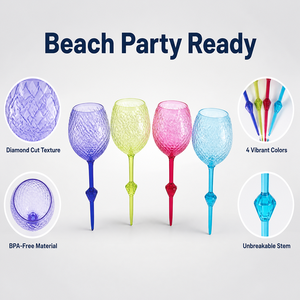 Verre à vin en acrylique incassable sans BPA pour la plage, avec texture diamantée et <span class=keywords><strong>pied</strong></span> pointu, 4 couleurs, vente en gros - Product Image 3