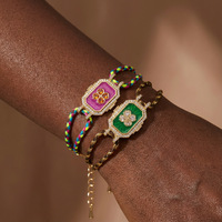 Bracelet en Corde Tressée Vintage Coloré Plaqué Or 18K avec Breloque Florale en Cuivre Émaillé, Bracelets Ajustables pour Femmes – Vente en Gros