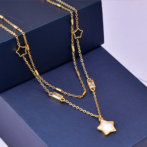 Collier Double couche à cinq branches en acier inoxydable pour femmes et filles, pendentif en coquillage noir et blanc avec diamant carré - Product Image 4