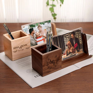 देखने वाले कार्ड धारक पेंसिल आयोजक और फोटो फ्रेम के साथ डेस्कटॉप लकड़ी का पेन स्टैंड - Product Image 4