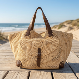Sac cabas en raphia pour femme, style bohème, couleur unie, sac de plage d'été avec poignées en cuir, fermeture éclair, doublure en coton - Product Image 4