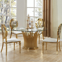 Ensemble de table à manger de luxe avec plateau en marbre, moderne, 6 à 8 chaises, pieds en acier inoxydable doré, plateau en verre, salle à manger, table ronde d'extérieur