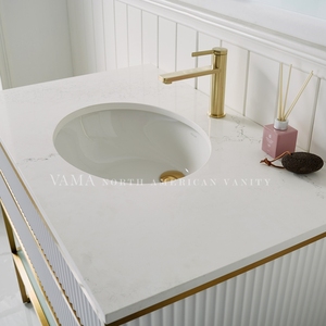 VAMA-mueble <span class=keywords><strong>de</strong></span> baño <span class=keywords><strong>de</strong></span> cuarzo blanco brillante para hotel, mueble <span class=keywords><strong>con</strong></span> estante <span class=keywords><strong>de</strong></span> vidrio y base <span class=keywords><strong>de</strong></span> metal ss dorado, 40 pulgadas - Product Image 4