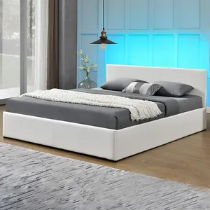 Willsale Modern çift depolama yatağı LED PU Faux deri başlık gaz lifti ahşap çerçeve için satışa ev yatak odası mobilyası