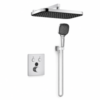 Kit de douche mural moderne carré chromé à deux fonctions avec robinet à main intégré, bouton de commande thermostatique et jet pluie