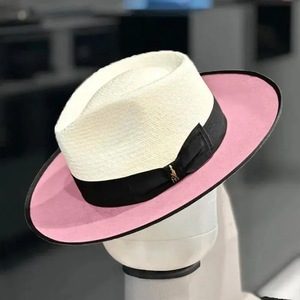 Chapeau Fedora en paille bicolore avec ruban noir et bord rose, chapeau de soleil de plage pour femme, style décontracté printemps-été - Product Image 1
