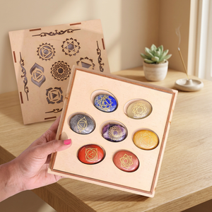 7 <b>Chakra</b> Engraved Reiki <b>Crystal</b> <b>Set</b> in a wooden storage box. Oval Gemstone Stones in Wooden Box Home Decoration Polished - Product Image 1