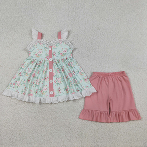 Ensemble de vêtements pour bébés filles, tunique sans manches avec boutons à fleurs, short à volants rose - Product Image 1